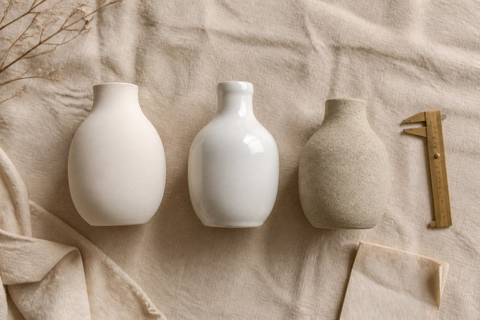 Matte porcelain, glossy glazed ceramic and stoneware vases compared side by side