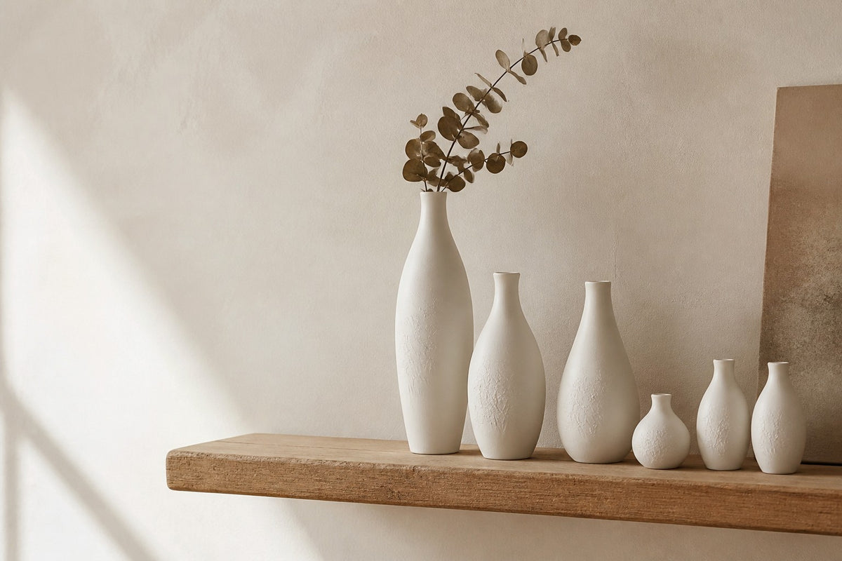 Row of matte white Blanc de Chine porcelain vases on an oak shelf