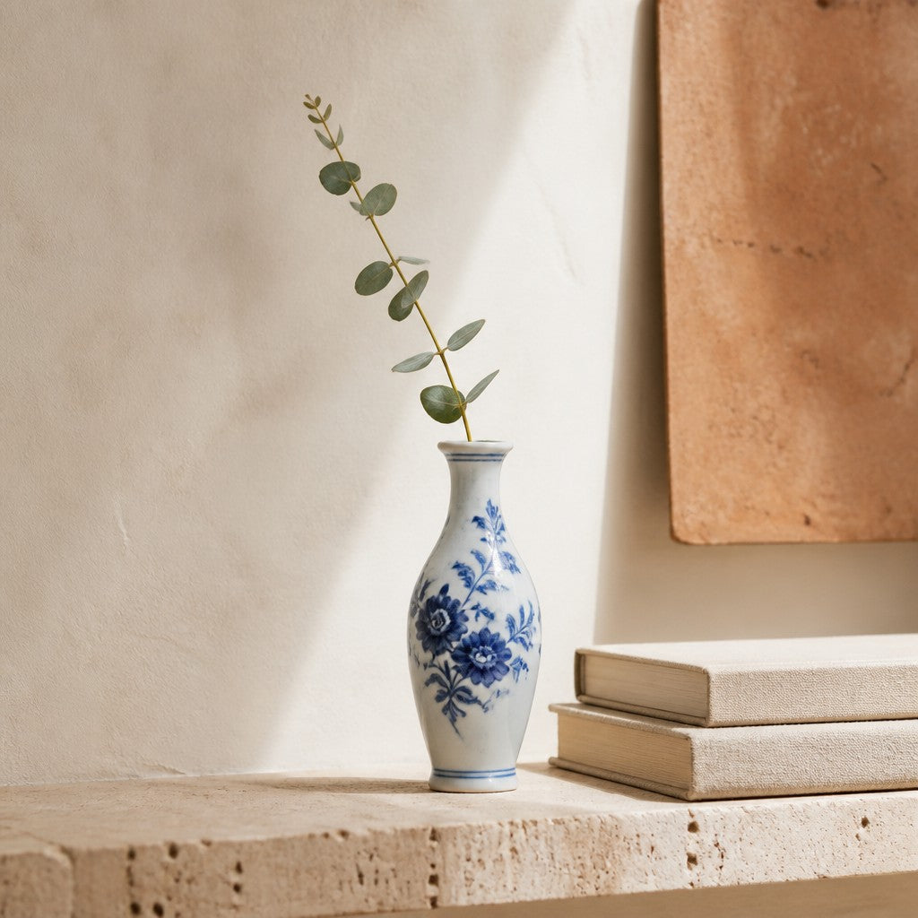 Blue and white porcelain bud vase with eucalyptus on a travertine ledge - lifestyle scene