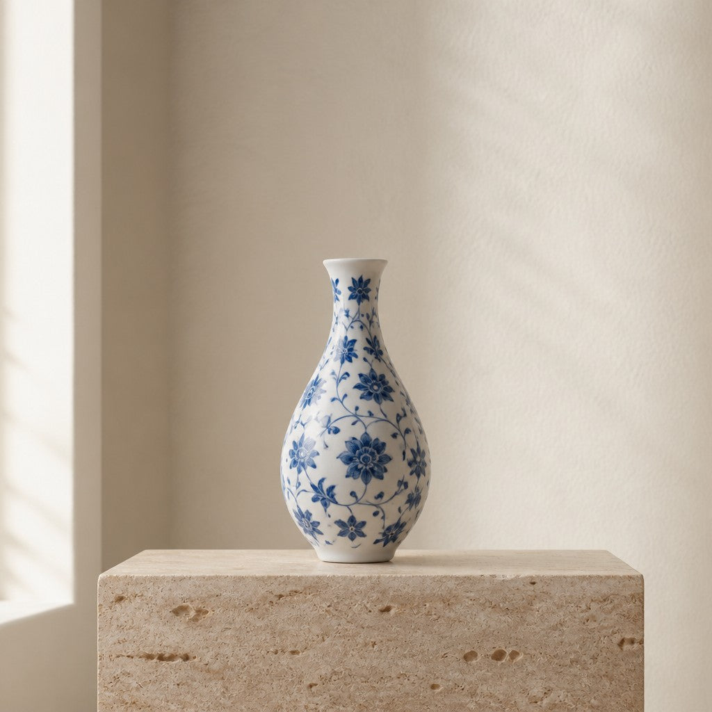 Zen blue and white porcelain bud vase - hand-painted cobalt