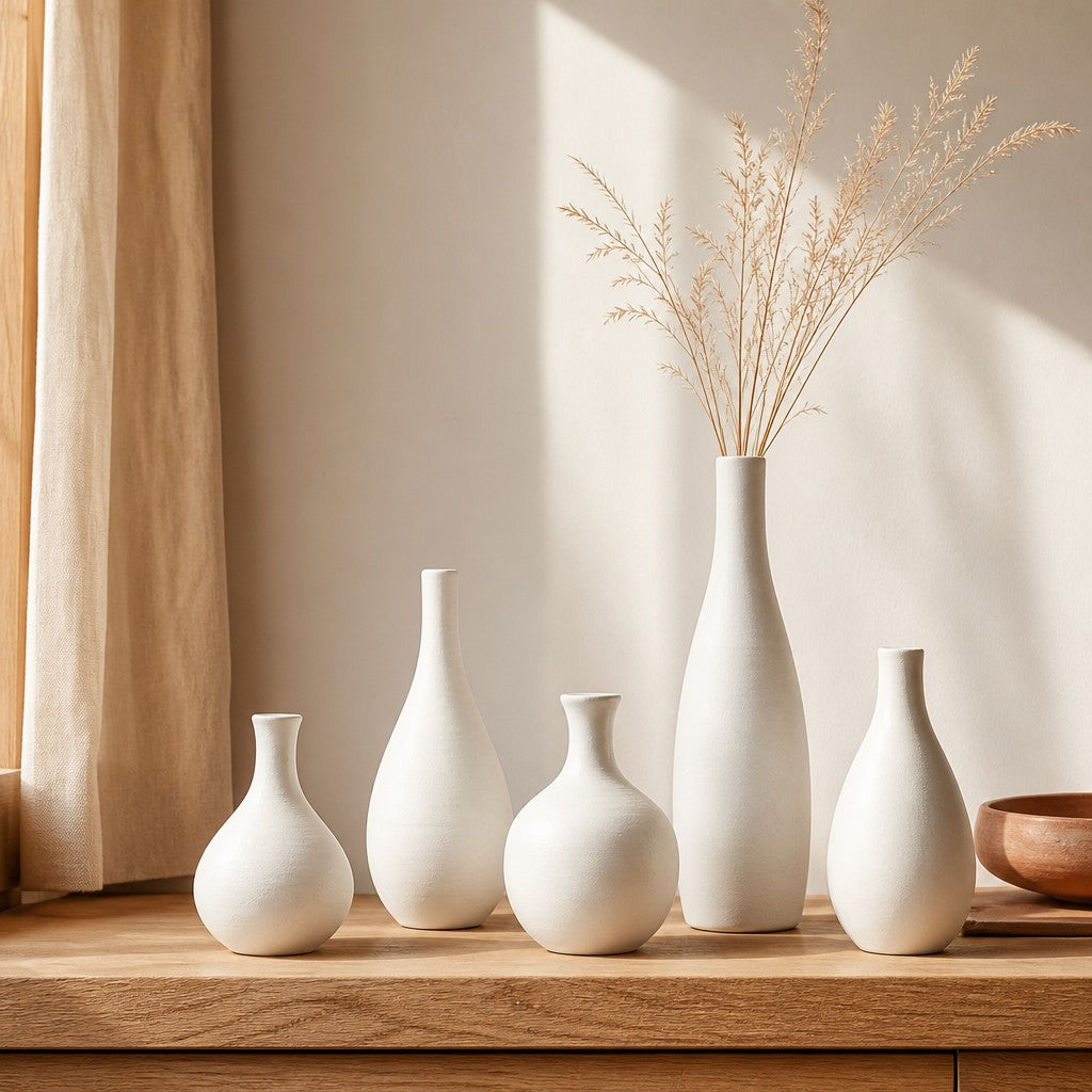 Five matte white bud vases on a windowsill - lifestyle scene