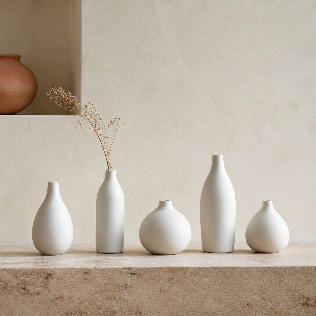 Blanc de Chine Bud Vase Set - five matte white bud vases main view